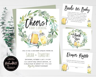 A Baby Is Brewing Invitation, Bottle And Beers Baby Shower, Cheers Beers Shower, Coed Couples Shower, Greenery Wreath, Gender Neutral