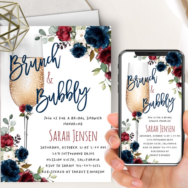 Navy And Burgundy Bridal Shower Brunch And Bubbly Phone Evite+Printable Invite, Marsala Merlot Floral, Navy Blue, Champagne Flute, Mimosa