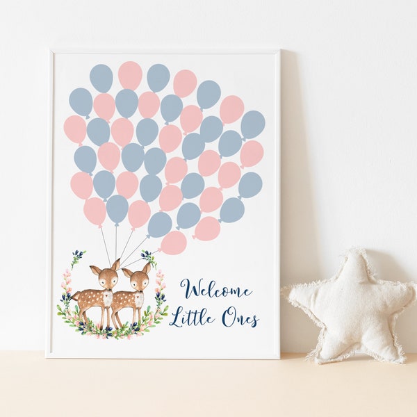 Baby Deer Balloon Guest Book Poster, Boy Girl Twins Baby Shower, Signature Guestbook Alternative, Pink And Blue Balloons Guestbook Sign