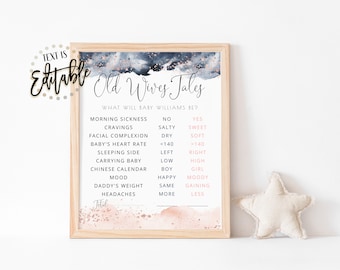 Old Wives Tales Sign, Gender Reveal Party, Navy Blue And Rose Gold Watercolor Splash, Gender Reveal, Boy Or Girl, Blush Pink, Pink Or Blue