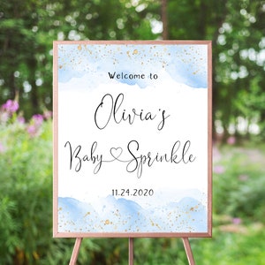 Blue Watercolor Welcome Sign, Baby Shower Welcome Poster, Boy Baby Sprinkle, Gold Glitter, Watercolor Splash, Simple, Modern, Boho