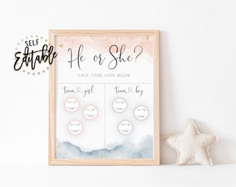 Gender Prediction Sign, He Or She Activity, Dusty Blue And Pink Watercolor Splash, Boy Or Girl Game, Gender Reveal Party,Cast Your Vote,Gold