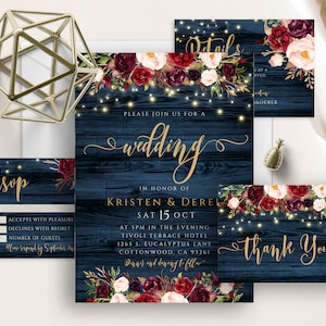 Rustic Navy Floral Wedding Invite, Burgundy Marsala Floral, Lights, Blue Wood Background, Plum Blush Pink Merlot, Wedding Invitation Set