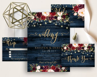 Rustic Navy Floral Wedding Invite, Burgundy Marsala Floral, Lights, Blue Wood Background, Plum Blush Pink Merlot, Wedding Invitation Set