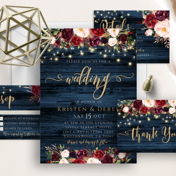 Rustic Navy Floral Wedding Invite, Burgundy Marsala Floral, Lights, Blue Wood Background, Plum Blush Pink Merlot, Wedding Invitation Set