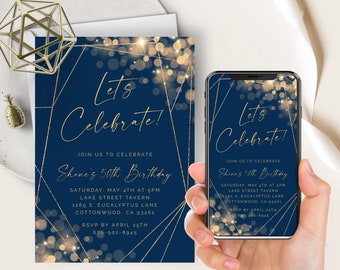 Navy Blau und Gold Geburtstagsparty Telefon Evite + Printable einladen, jeder Geburtstag, lassen Sie uns feiern, Bokeh Glitter Lights, 50., 40., 30., 21