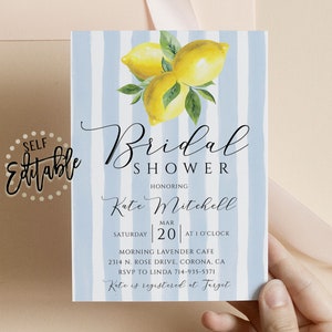 Lemon Bridal Shower Invite, Citrus, Baby Blue Stripes, Wedding Shower, Watercolor Lemon Invite, Instant Download, Self Editable Template image 5