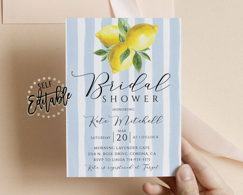 Lemon Bridal Shower Invite, Citrus, Baby Blue Stripes, Wedding Shower, Watercolor Lemon Invite, Instant Download, Self Editable Template image 5