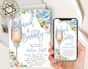 Blue Floral Brunch And Bubbly Phone Evite+Printable Invite, Bridal Shower Text Message Invite, Dusty Blue, Champagne Flute, Peach Floral