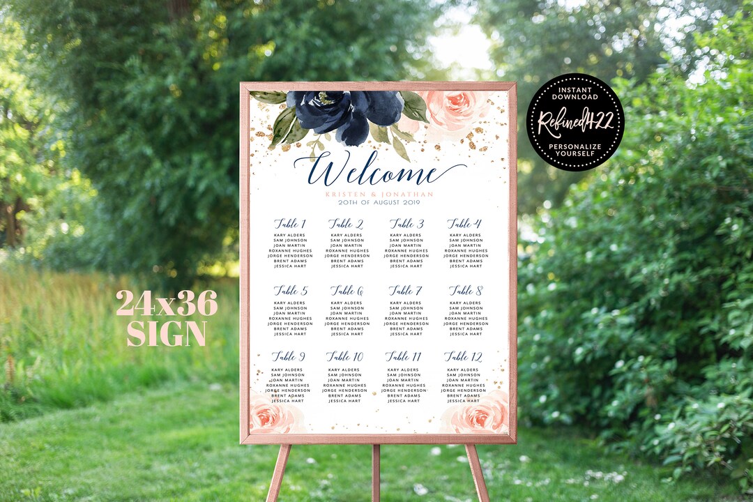 Table Number Wedding Seating Chart, Gold Blush Pink Navy Floral Wedding
