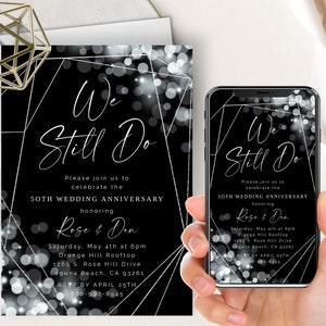 Verjaardag telefoon Evite+afdrukbare uitnodiging, elk jaar bewerkbaar, zwart-wit, dat doen we nog steeds, zilveren Bokeh glitterlichten, huwelijksverjaardag