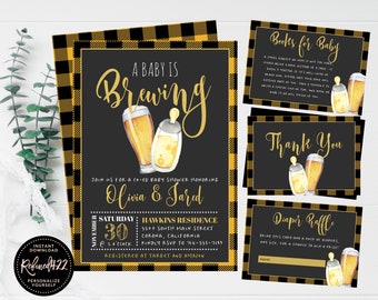 May include: A black and gold baby shower invitation with a checkered pattern. The invitation says "A Baby is Brewing" and features a beer bottle and a baby bottle. The invitation includes the date, time, and location of the shower, as well as the names of the parents-to-be, Olivia and Jared.