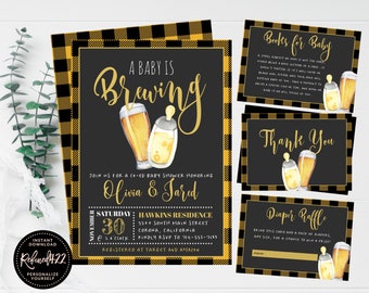 A Baby Is Brewing Invite, Plaid Beer Baby Shower Invite, Coed Baby Shower Invitation, Couples Baby Shower, Bottles And Beers