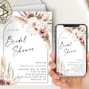 May include: A white bridal shower invitation with a pink and white floral design. The invitation reads "Join us for Bridal Shower honoring Kristen Larson Saturday, May 18, 2023 from 12-4pm Olive & Fig Bistro 3546 South Shore Drive Temecula, CA"