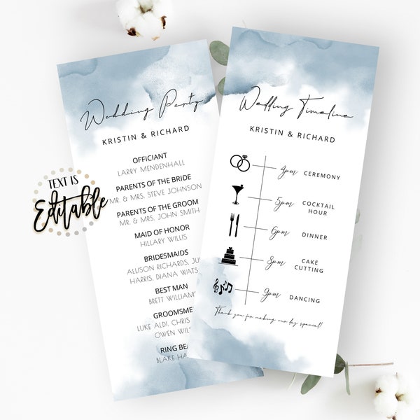 Editable Wedding Timeline, Dusty Blue Watercolor Splash, Modern Calligraphy, Wedding Program Template, Order Of Events, DIY Itinerary