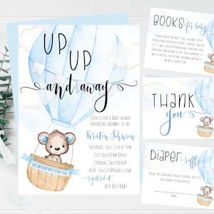 Teddy Bear Hot Air Balloon Invite, Up And Away Baby Shower, Blue, Boy, We Can Bearly Wait To Meet You, Instant Download, Editable Template