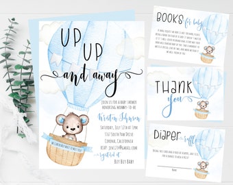 May include: A blue and white baby shower invitation featuring a hot air balloon and a teddy bear. The invitation reads "Up Up and Away" and includes the text "Join us for a baby shower honouring mommy-to-be Kristen Johnson".