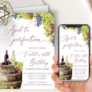 Winery Birthday or Anniversary Phone Evite+Printable Invite, Aged To Perfection, Red And White Wine, Vineyard, Grapes, Cheers, ANY OCCASION