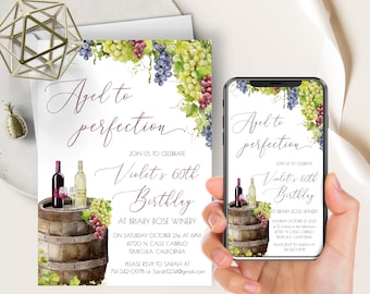 Winery Birthday or Anniversary Phone Evite+Printable Invite, Aged To Perfection, Red And White Wine, Vineyard, Grapes, Cheers, ANY OCCASION