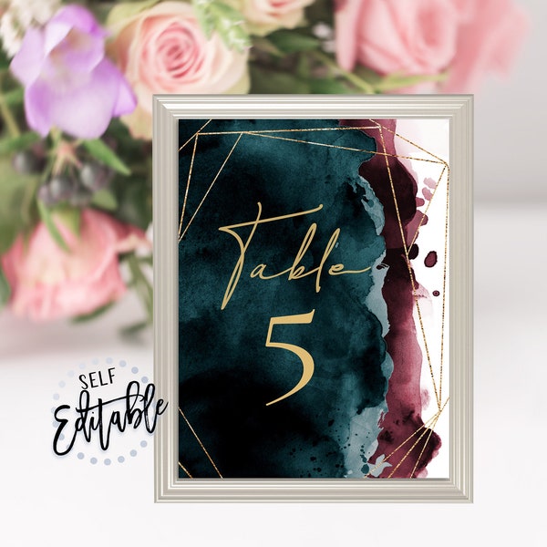 Wedding Table Numbers Template, Teal & Burgundy Watercolor Splash, Editable, Wedding Reception Table Sign, Maroon, Modern,Minimalist