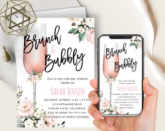 Rose Brunch And Bubbly Bridal Shower, Phone Evite+Printable Invite, Floral Brunch And Bubbly, Pink Flowers, Champagne Flute, Wedding Shower