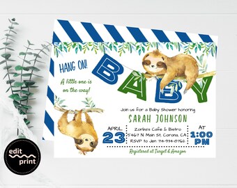 Sloth Baby Shower Invite, Greenery Sloth Invitation, Boy Baby Shower, Baby Sloth, Instant Download, Printable, Editable