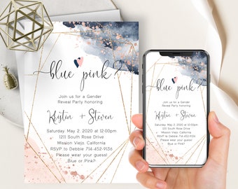 Aquarell Geschlecht Reveal Telefon Evite + druckbare Invite, Rose Gold Und Marine Blau, Gold Rahmen, Rosa Oder Blau, Herz, Junge Oder Mädchen, Reveal Party