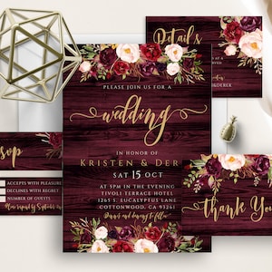 Rustic Marsala Floral Wedding Invite Set, Burgundy Wood Background, Plum, Blush Pink, Merlot Floral Watercolor, Wedding Invite, Template