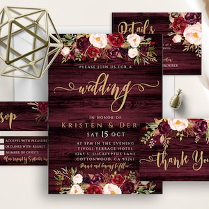 Rustikales Marsala Blumen Hochzeit Invite Set, Burgunder Holz Hintergrund, Pflaume, Blush Pink, Merlot Floral Aquarell, Hochzeitseinladung, Vorlage