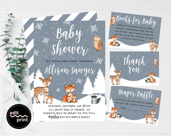 Woodland Animals Baby Shower Invite, Winter Woodland Invitation, Winter Baby Shower, Deer Fox Owl Raccoon, Woodland Animals