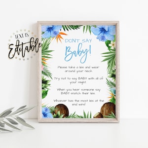 Blue Aloha Don't Say Baby Sign, Tropical Luau, Hibiscus, Boy Baby Shower Activity, Hawaiian Themed Baby Shower, Pin Game, Coconut