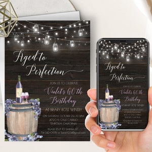 Rustic Winery Birthday Invite, Aged To Perfection, Wine Birthday Invitation, Vineyard Birthday Party Celebration, Any Birthday, Female