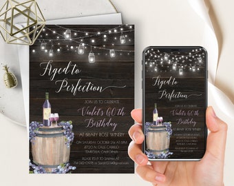 Rustic Winery Birthday Invite, Aged To Perfection, Wine Birthday Invitation, Vineyard Birthday Party Celebration, Any Birthday, Female