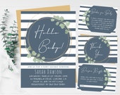 Eucalyptus Navy Blue Stripes Baby Boy Invite, Dusty Blue, Hello Baby Shower Invitation Set, Gold Frame, Greenery, Striped, Self-Editable