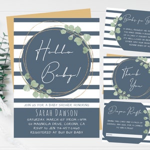 Eucalyptus Navy Blue Stripes Baby Boy Invite, Dusty Blue, Hello Baby Shower Invitation Set, Gold Frame, Greenery, Striped, Self-Editable