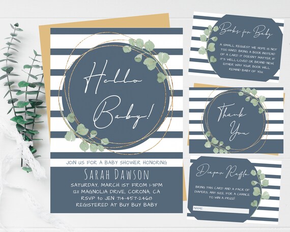 Eucalyptus Navy Blue Stripes Baby Boy Invite, Dusty Blue, Hello Baby Shower Invitation Set, Gold Frame, Greenery, Striped, Self-Editable