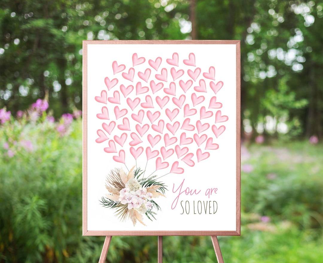 60 Hearts Pampas Boho Guest Book Poster, Watercolor Balloons, Tropical  Pampas Grass Baby Shower, Balloon Signature Guestbook, Pink Floral