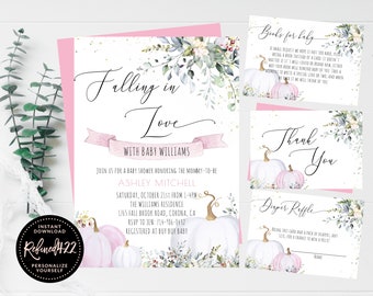 EDITABLE Pumpkin Baby Shower Invitation,Falling In Love, Baby Girl Invite Set,Little Pumpkin,Girl Fall Invite, Pink Pumpkin,Instant Download