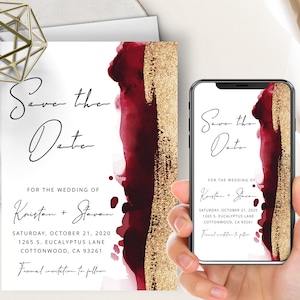 Red & Gold Save The Date Invite Phone Evite+Printable Invite, Watercolor Splash, Apple Red, Modern Calligraphy, Wedding, Editable Template