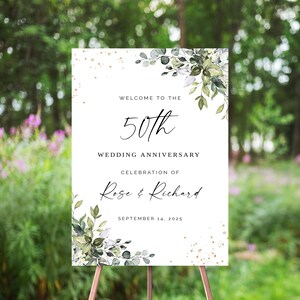 Greenery Anniversary Welcome Sign Template: Elegant Gold Glitter (24x36")