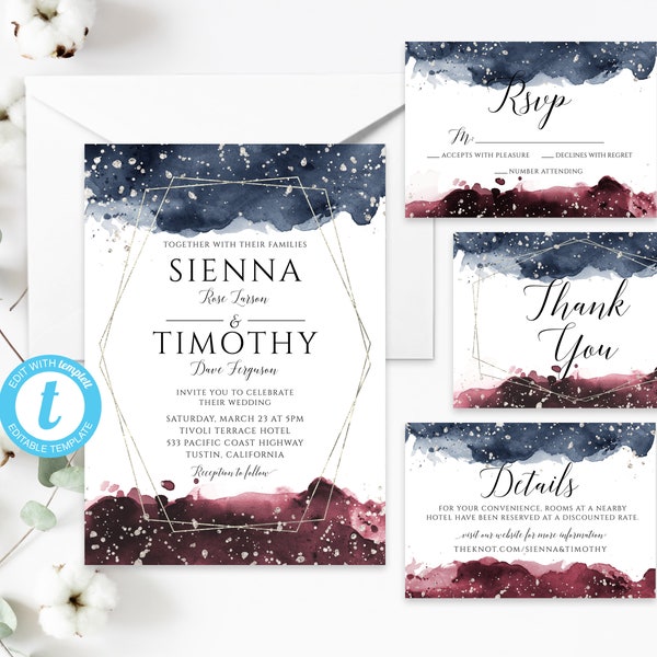 Navy Burgundy Watercolor Splash Wedding Suite, Silver Geometric Frame Invitation Set, Glitter, Maroon Navy Blue, Self-Editable Template