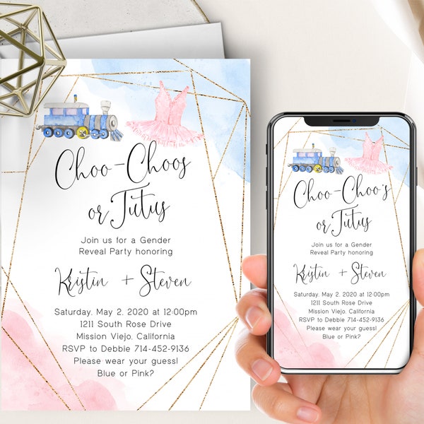 Choo-Choos or Tutus Gender Reveal Phone Evite+Printable Invite, Pink And Blue Watercolor, Gold Frame, Trains or Tutus, Heart, Boy Or Girl