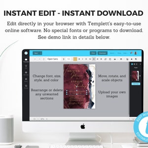 May include: A computer screen displaying a wedding invitation template on the Templett website. The invitation features a burgundy and gold design with a watercolor background. The text on the screen says "Kristen & Steven" and "Saturday". The screen also shows options for editing the template, such as changing the font, size, style, and color, moving and rotating objects, and uploading images.