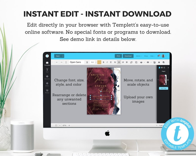 May include: A computer screen displaying a wedding invitation template on the Templett website. The invitation features a burgundy and gold design with a watercolor background. The text on the screen says "Kristen & Steven" and "Saturday". The screen also shows options for editing the template, such as changing the font, size, style, and color, moving and rotating objects, and uploading images.