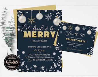 EDITABLE Holiday Party Invite, Save The Date, Eat Drink and Be Merry, Christmas Party Invitation, Instant Download, Gold, Silver