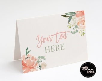 Food Label Card, Foldable Placement Card, Floral Greenery Baby Shower Decor, Editable Place Card, Foldable Food Tent Card