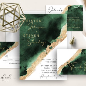 Emerald & Gold Wedding Invitation Set, Emerald Green and Gold Watercolor, Moody Minimalism, Modern Calligraphy, Minimalist, Template
