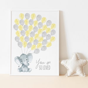 Cartel del libro de visitas de globos grises y amarillos, elefante gris, letrero de globo de género neutro, alternativa de libro de visitas exclusivo, baby shower de elefante