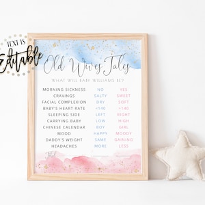 Watercolor Old Wives Tales Sign, Gold, Gender Reveal Party, Pink & Blue Watercolor, Boy Or Girl, He Or She, What Will Baby Be Activity Game image 1