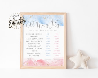 Watercolor Old Wives Tales Sign, Gold, Gender Reveal Party, Pink & Blue Watercolor, Boy Or Girl, He Or She, What Will Baby Be Activity Game